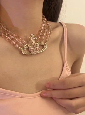 西太后三层粉色水晶满钻土星项链