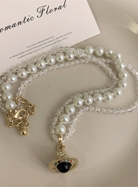 甜酷珍珠立体黑色镶钻土星球吊坠锁骨链女时尚气质高级百搭项链潮