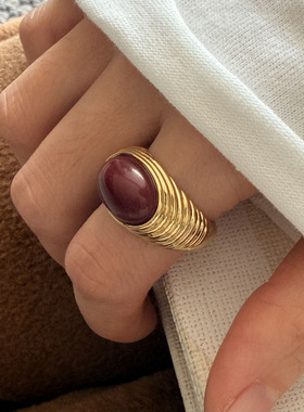 小众设计复古戒指金色高级感宽版天然石纹理冷淡风指环配饰