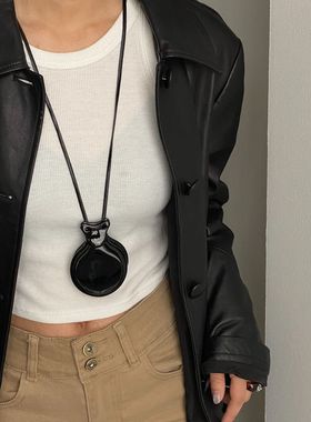 Lemai*中性黑色音乐之镜项链个性皮绳深棕色树脂可打开双面镜吊坠