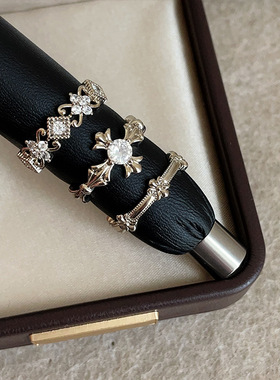 欧美重工十字锆石花朵戒指女小众设计高级感时尚个性开口指环手饰