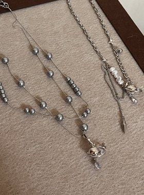 飞船吊坠灰色珍珠项链女小众设计感高级锁骨链配饰2024新款饰品