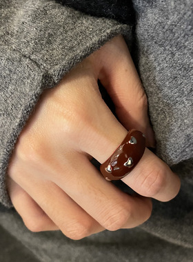 博主同款美拉德巧克力高级酒红色珐琅滴釉戒指开口小众叠戴食指环