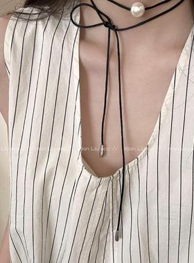 黑色编织绳珍珠项链配饰女2024新款chocker颈链轻奢小众锁骨链男