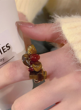 新中式手工串珠天然石开口叠戴戒指虎眼石复古气质开口指环