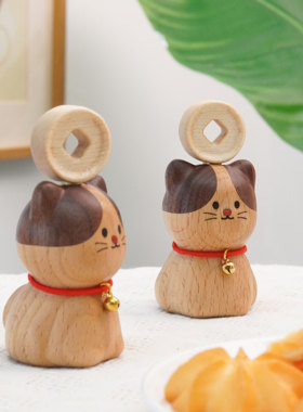 山舍｜招财进宝金币猫猫摆件实木可爱旋转车桌面载装饰礼物