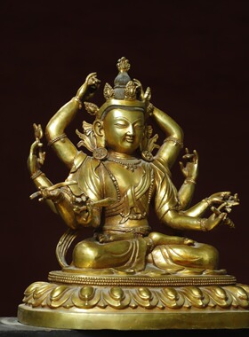 藏传黄铜仿古鎏金八臂观音菩萨度母站佛摆件居家堂香案用品35cm