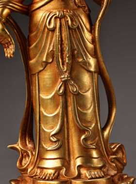 藏传黄铜仿古鎏金彩绘观音菩萨度母站佛摆件居家堂香案用品28cm