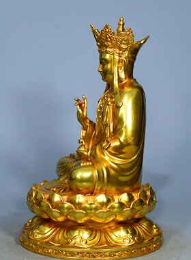 藏传黄铜鎏金彩绘仿古地藏王菩萨坐像居家佛堂摆件室内用品25㎝