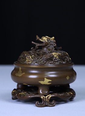 仿古黄铜点金鬲式龙头盘塔锥熏香炉茶桌香案摆件居家堂用品9cm