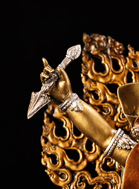 藏传黄铜鎏金银彩绘描脸护法玛哈嘎拉佛像居家佛堂供奉大摆件38cm