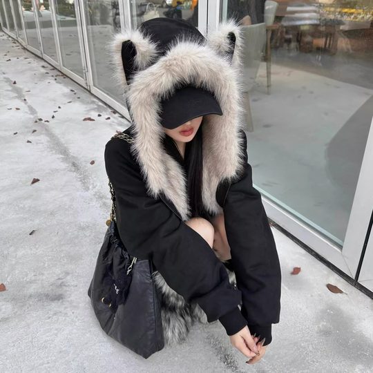 黑色猫耳朵毛领棉服加厚外套女2025冬装新款超好看复古座山雕棉衣