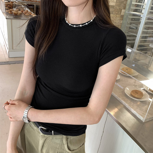 Small round neck sexy tight-fitting slimming slightly see-through short-sleeved top