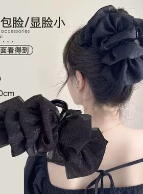 万千惠同款黑色网纱发夹云朵泡泡抓夹后脑勺高级感鲨鱼夹蓬松头饰