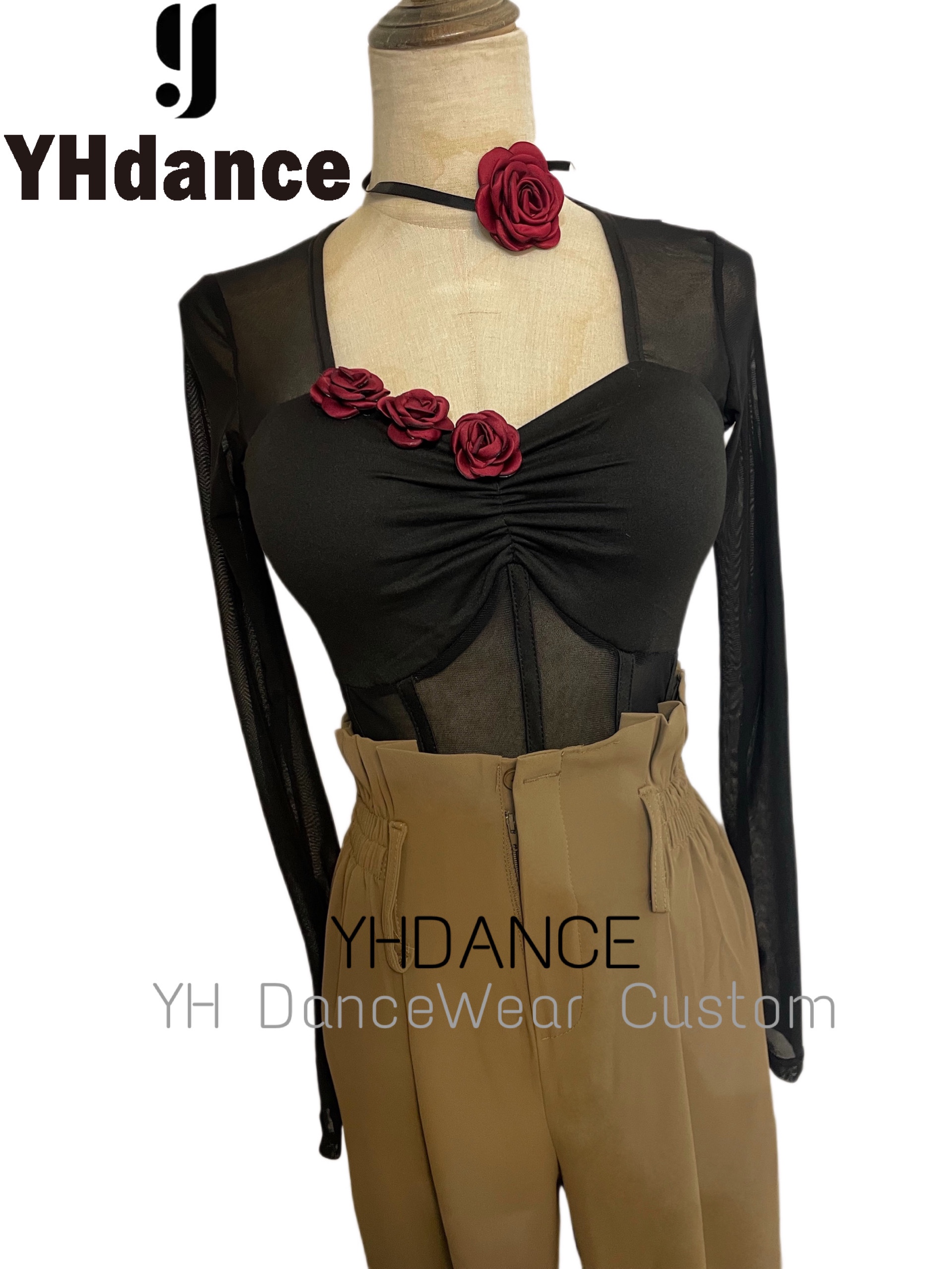 YHDANCE拉丁舞摩登练功服女网纱上衣舞服装性感连体衣带胸垫C152