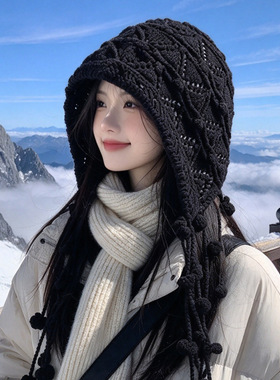 秋冬镂空钩花护耳帽女流苏毛球针织帽川西旅游显脸小包头毛线帽子