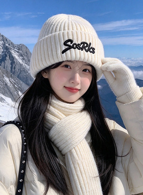 韩系字母刺绣针织冷帽女秋冬显脸小加厚保暖毛线帽学生百搭堆堆帽