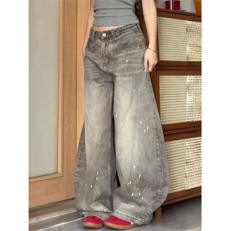 大码美式vibe复古做旧水洗泼墨牛仔裤女装宽松高腰显瘦弯刀长裤子,淘宝优惠券,粉丝福利购,淘宝优惠卷