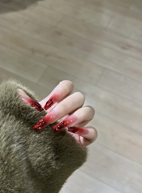 手工定制穿戴美甲长款新年战甲红色满钻渐变定婚甲新娘孕妇可拆卸