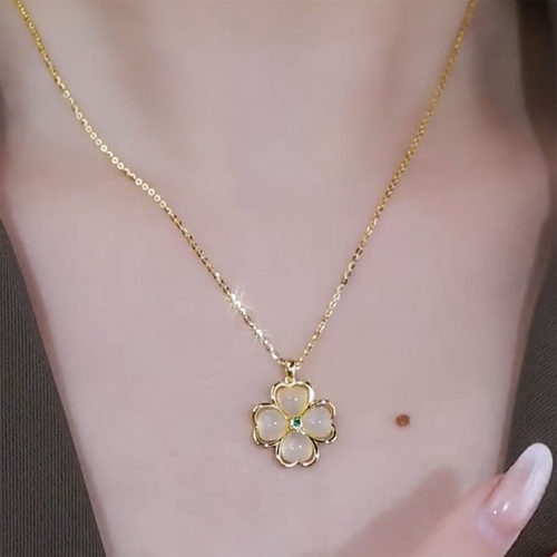 幸运四叶草项链女纯银S925猫眼石原创设计感小众轻奢锁骨链情人节 - 图3