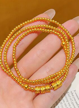 新中式黄铜镀金金唐草纹算盘圆珠三圈手串磨砂多圈项链国风送女友