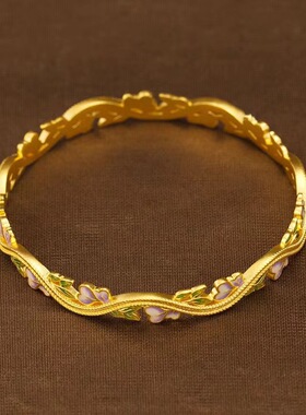 金色紫藤花手镯珐琅枝条藤蔓手镯女绿叶花开古法鎏彩紫桃心手环
