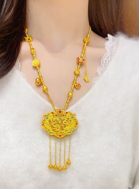 黄铜镀金珐琅彩天子门生蝴蝶多宝蹦迪珠项链龙凤锁包毛衣链送女