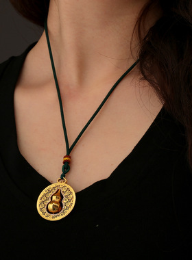 新中式古法沙金吉祥转运葫芦吊坠男女镶钻项链编绳罗盘