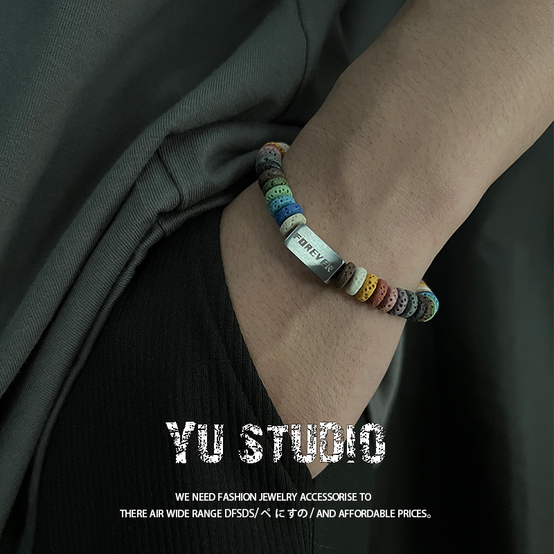 YUSTUDIO原创ins小众彩色火山石钛钢手链男潮嘻哈高级感情侣手饰