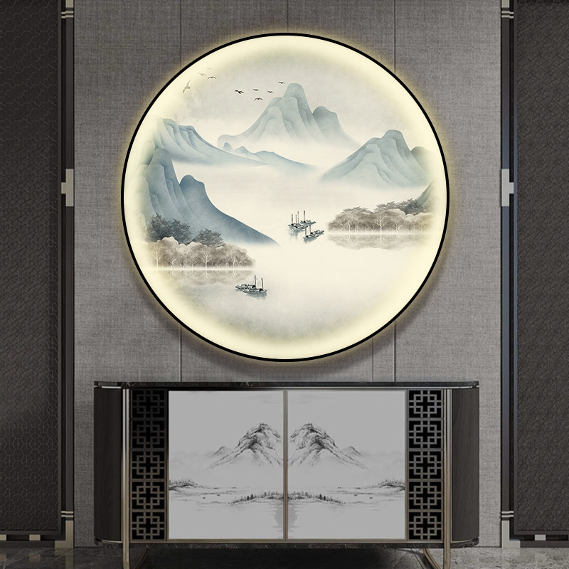 新中式入户玄关装饰画灯画圆形山水画客厅风景画走廊过道茶室挂画,淘宝优惠券,粉丝福利购,淘宝优惠卷