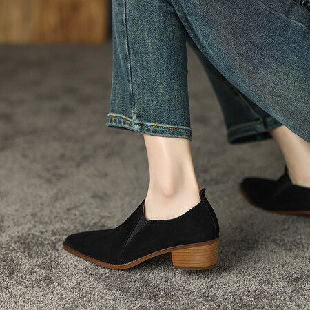 复古尖头粗跟短靴女2024新款秋冬及踝靴羊翻皮单鞋女深口中跟,淘宝优惠券,粉丝福利购,淘宝优惠卷