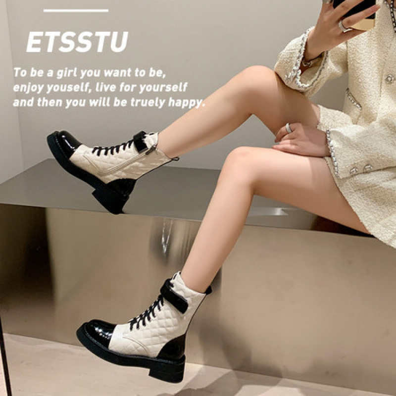 法式小香风拼色系带马丁靴女2025秋冬款圆头粗跟魔术贴英伦风短靴,淘宝优惠券,粉丝福利购,淘宝优惠卷