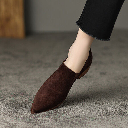 复古尖头粗跟短靴女2024新款秋冬及踝靴羊翻皮单鞋女深口中跟,淘宝优惠券,粉丝福利购,淘宝优惠卷