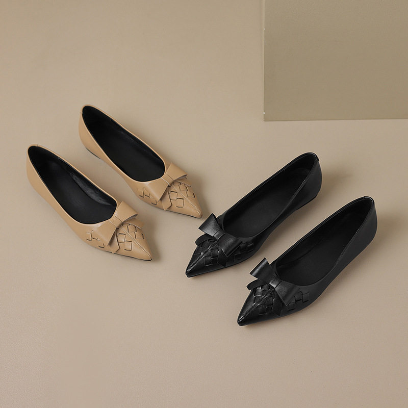 复古蝴蝶结尖头单鞋女粗跟2023夏新软皮真皮中跟豆豆鞋3cm,淘宝优惠券,粉丝福利购,淘宝优惠卷