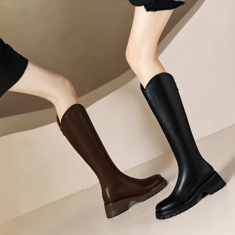 英伦风V口长筒靴女秋冬新款牛皮粗跟厚底中跟bai搭骑士靴高筒不过 - 图1