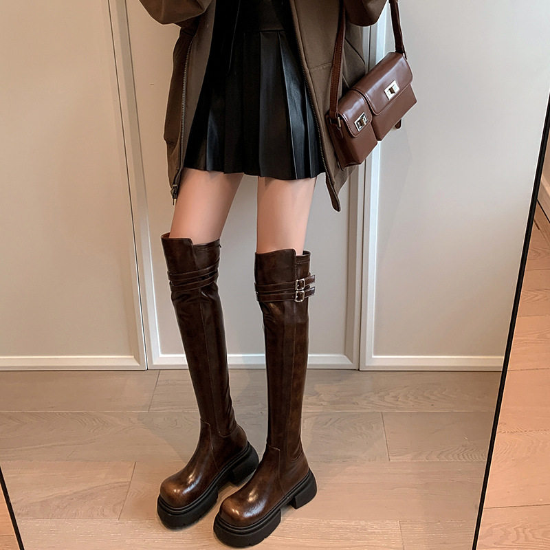 5.5cm中跟厚底弹力靴女增高过膝长靴百搭显瘦瘦瘦靴皮带扣骑士靴,淘宝优惠券,粉丝福利购,淘宝优惠卷