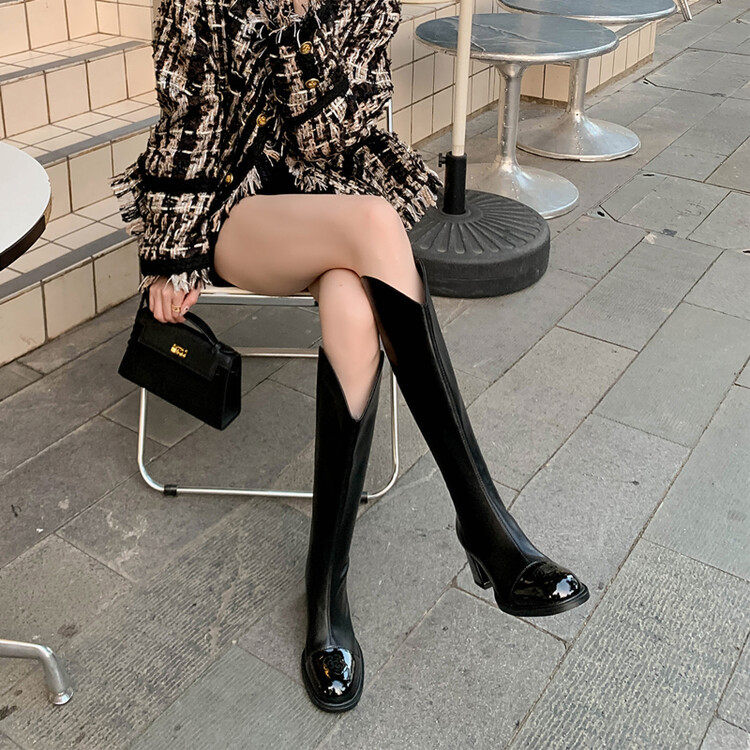 小香风山茶花真皮长靴女V口高跟小个子显瘦拼色后拉链骑士靴百搭,淘宝优惠券,粉丝福利购,淘宝优惠卷