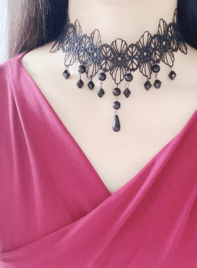 蕾丝低领夏季黑色颈带项链