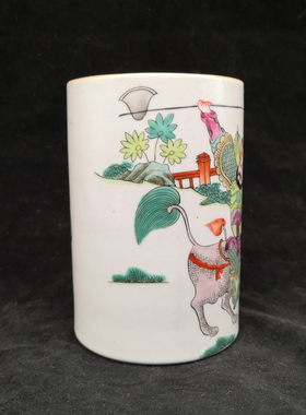 粉彩麒麟笔筒书房古玩古董