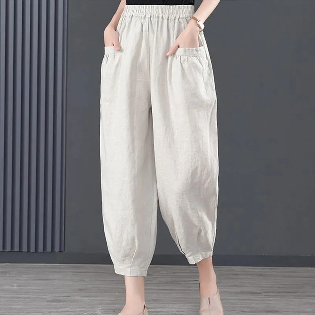 2025 summer new style middle-aged large-size cotton and linen harem pants for women loose slim feet versatile high-waisted nine-point pants