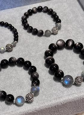 天然银曜石灰月光貔貅手链