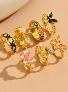 跨境复古彩色名族风蝴蝶花朵戒指个性滴油小众设计感指环手饰批发