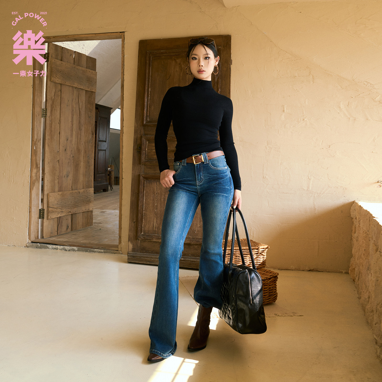 一乐 gal power名伶复古微喇牛仔修身高腰弹力提臀显瘦显高喇叭裤,淘宝优惠券,粉丝福利购,淘宝优惠卷