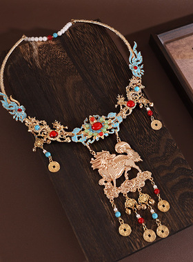 新中式国风麒麟烧蓝璎珞项链项圈