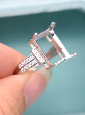 韩版镶钻长方形纯银戒指空托女款