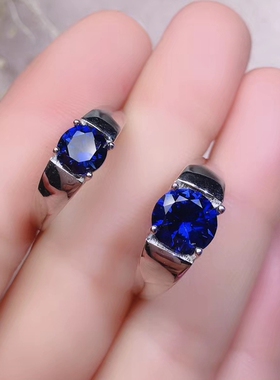 纯银戒蓝宝石戒指男士镀24K白金坦桑石钻戒男戒指环活圈固口