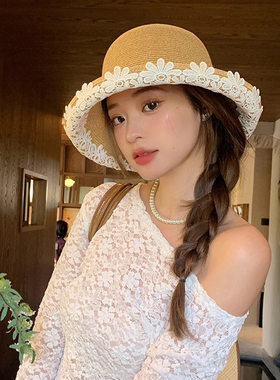 玛诗杜MUSTKOO 日系草帽夏季沙滩度假蕾丝草编防晒帽女款MH-7049