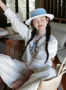玛诗杜蓝色绑带草帽夏天帽子米色草帽蓝色亚麻织带法式温柔7798