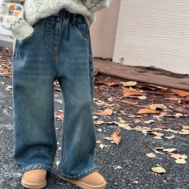 女童加绒牛仔裤秋冬宽松直筒儿童裤子一体绒加厚保暖休闲水洗裤子 - 图0