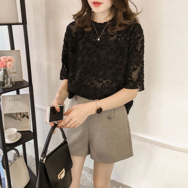 蕾丝厂家批发价直发欧洲站夏新款短袖女甜美蕾丝上衣修身显瘦洋气小衫流行雪纺衫2